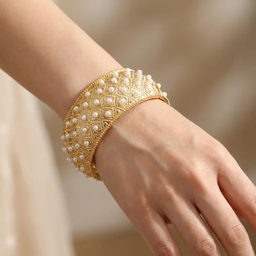 Luxury Bohemian Gold Color Women's Fashion Bracelet Set Statement Pearl Bangle Cuff Stainless Steel Charms Collier Bracelets