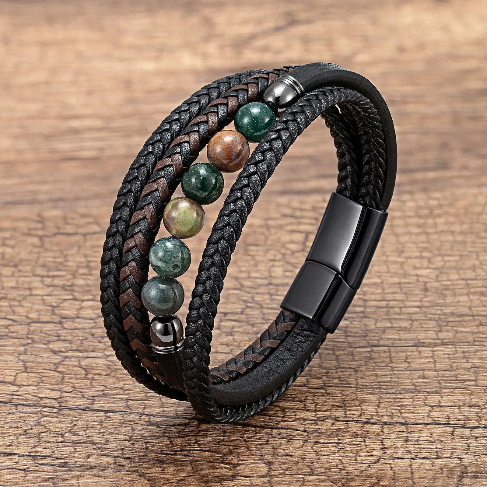 New Style Natural Stone Beads Handwoven Braided Leather Bracelet Multi-Layer Men's Jewelry Bangle with Magnetic Clasp