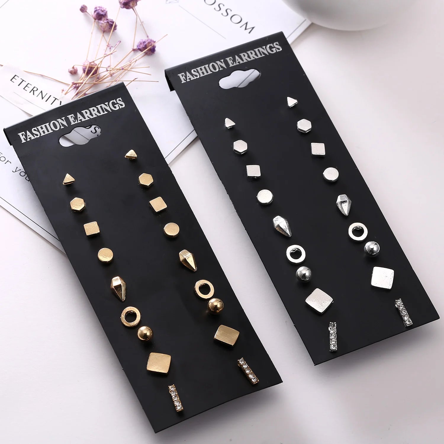 Wholesale Cheap 9 Pairs Gold Color Triangle Pentagon Small Square Cone Hollow Round Ball Women's Stud Earrings Set