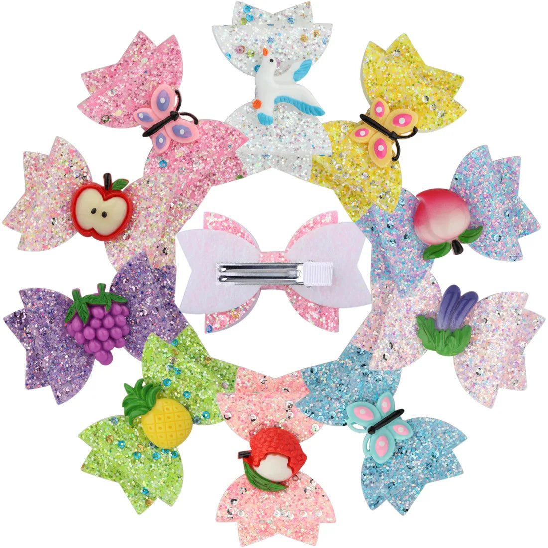 8 Colour Glitter Bow Hair Clips for Girls Children's Fruit Inspired Hair Accessories