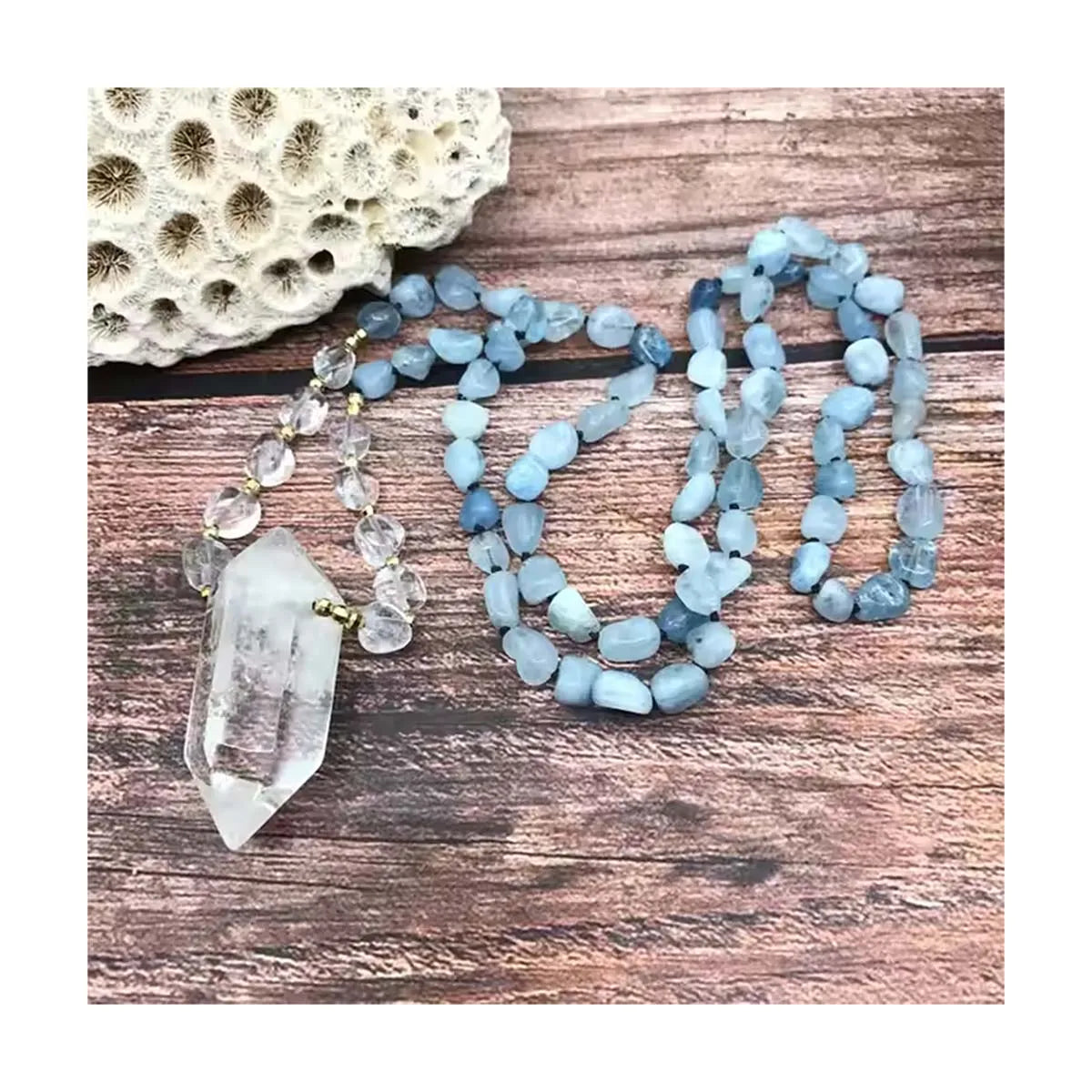 Bohemia Aquamarine Beads Healing Crystal Stick Double Point Pendant Quartz Knotted Necklace Yoga Charm Jewelry