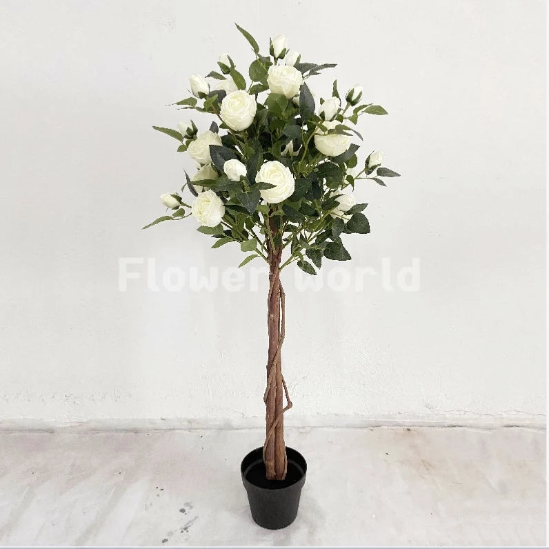Tall Artificial Bougainvillea Tree with Pink Flowers Wood Trunk and Black Pot for Office Wedding Home Christmas Decor