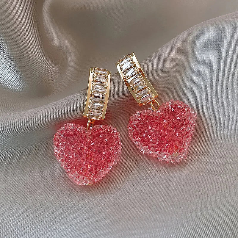 2025 Cute 925 Silver Post Crystal Heart Pendant Earrings Pink Blue Cubic Zirconia Suger Heart Shaped Stud Earrings for Girls