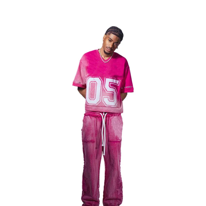 KY Men's Heavy Acid Wash Distressed T-Shirt and Pants 2 Piece Set V Neck Printed Streetwear
