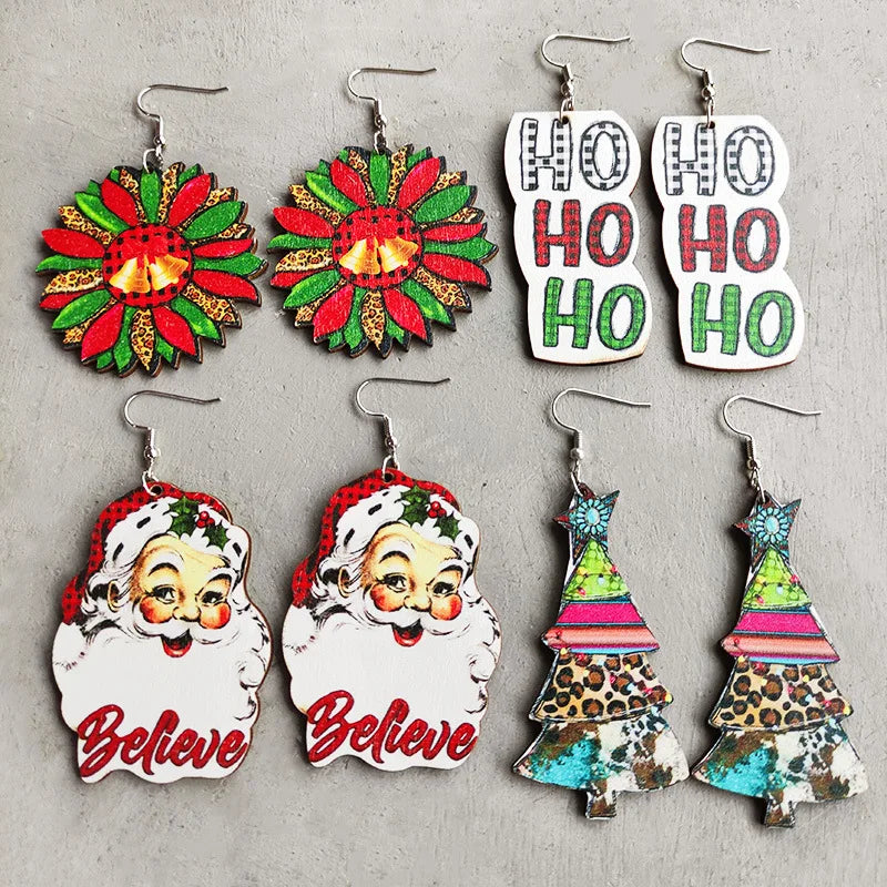 2025 Vintage Style Wooden Drop Earrings for Women Trendy Christmas Ornament with Wood Winter Theme