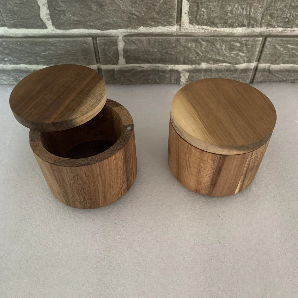 Round Acacia Wood Single Salt Spice Seasoning Condiment Box