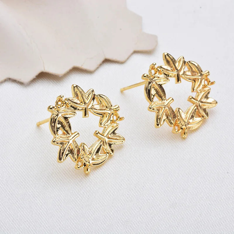 Cutout Hoop Strap Hanging Maple Leaf Triangle Stud Earrings for Women Bling Bronze Earring W/Ring Party Jewelry