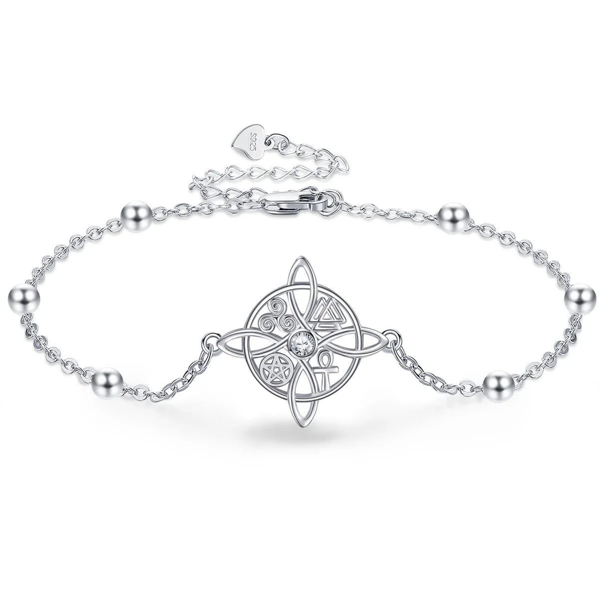 Fine Jewelry 925 Sterling Silver Bead Station Chain Round Witches Knot Bracelet for Women