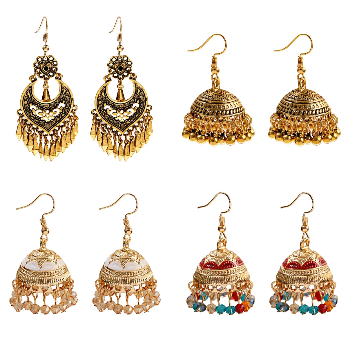 Vintage Gold Plated Round Crystal Bead Tassel Bell Drop Earrings Alloy Jhumki Indian Jewelry for Women Gift