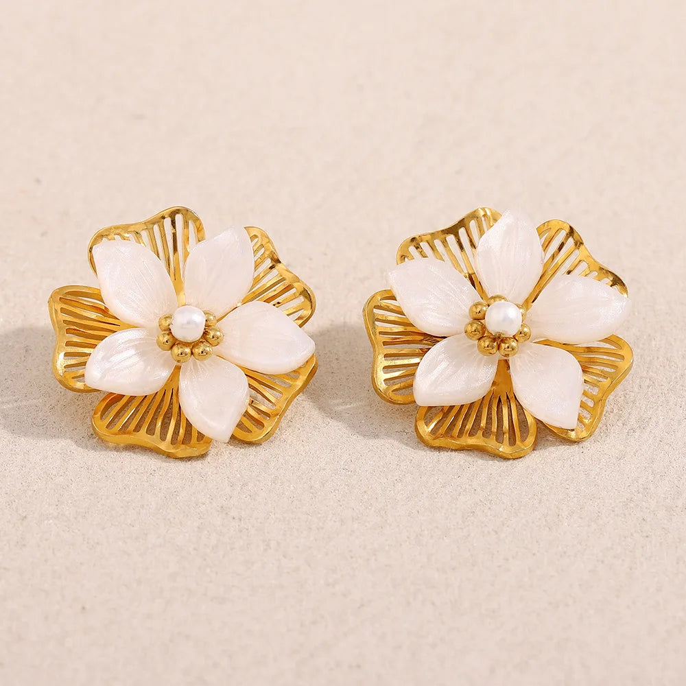 Luxurious Stainless Steel Women's Stud Earrings with Gold-Plated Hollowed-Out Flower Design Fashionable Party Style