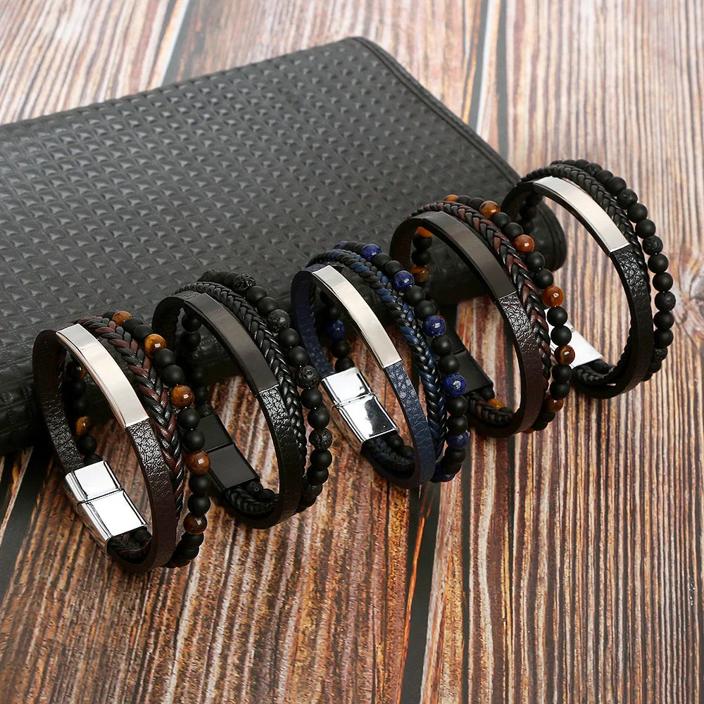 Minimalist Alloy Magnetic Clasp Bracelet Multi Layers Gemstone Bracelet Braided Leather Bracelet for Men