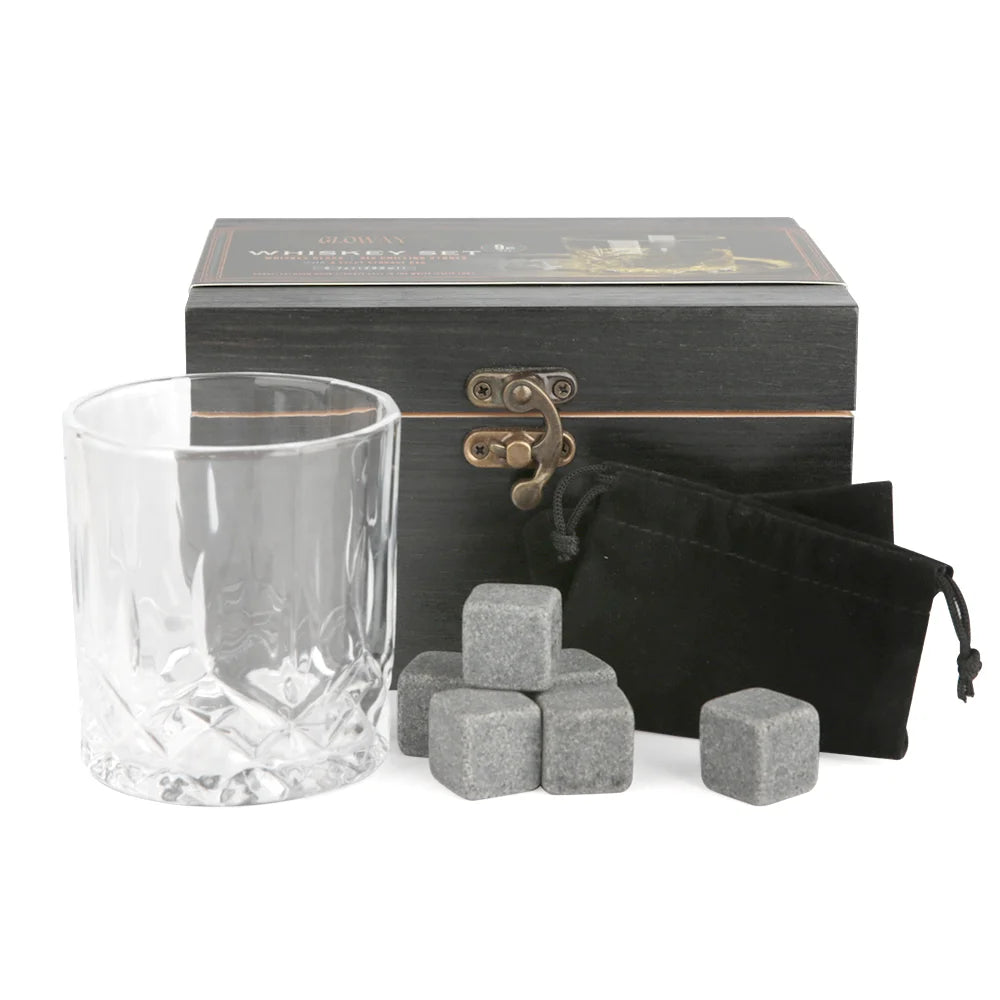 Old Fashioned Crystal Whiskey Glass Set with Chilling Stones Wooden Box Slate Coasters-Birthday Gifts for Men and Women