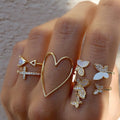 5Pcs/set Heart Butterfly Rhinestone Adjust Ring Set