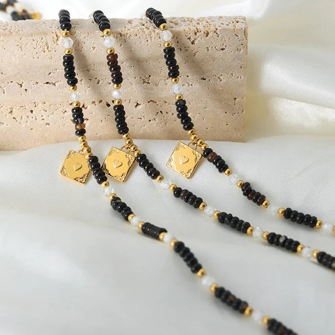 High End Fashion Jewelry Black Agate Handmade Beaded Necklace Heart Square Pendant Necklace Gold Plated Stainless Steel Necklace
