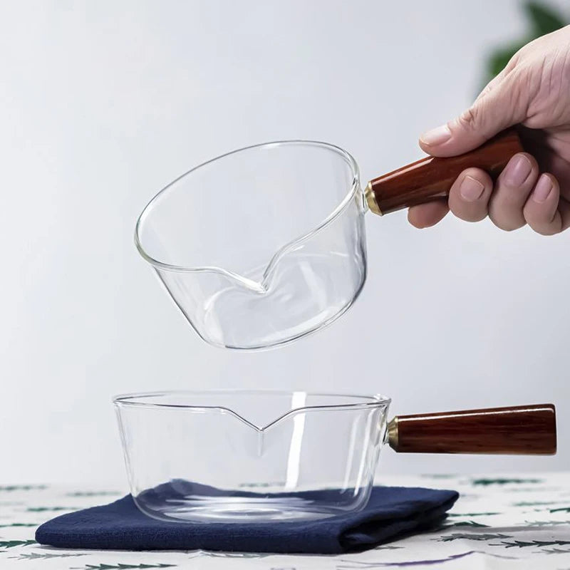 Heat Resistant Borosilicate Glass Pan Wooden Handle Bamboo Cap Silicone Sealing Ring Gas Induction Ready 400ml/600ml Capacity