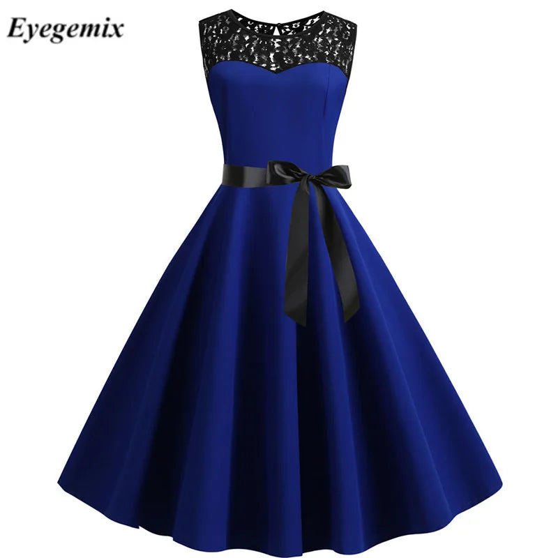 Patchwork Summer Elegant Party Casual Office Womens Vintage Blue Red Black Lace Evening Dresses Vestidos
