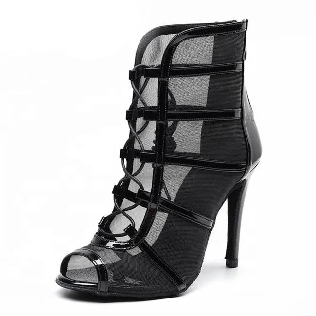 New Arrival Latin Salsa Ballroom Dance Shoes for Women 10cm Black PU Heel with Mesh Jazz Boots for Dancing Sports