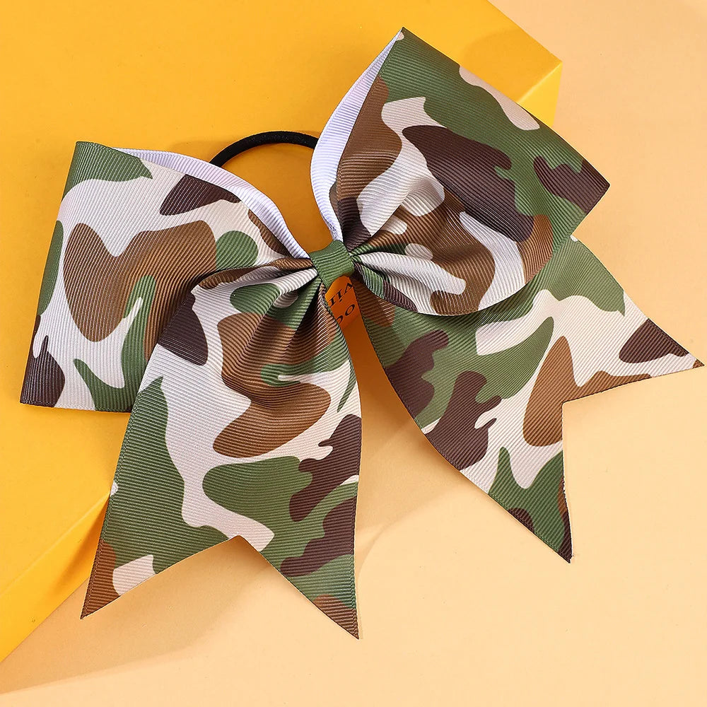 7Inch Camo Cheerleading Print Logo Factory Camouflage Cheer Bows with Elastic Band