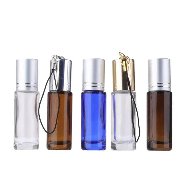 In Stock 4ml Thick Amber/clear/blue  Glass Roll on Bottle With Steel Roller and Key Chian Cap for Essential Oil/perfume