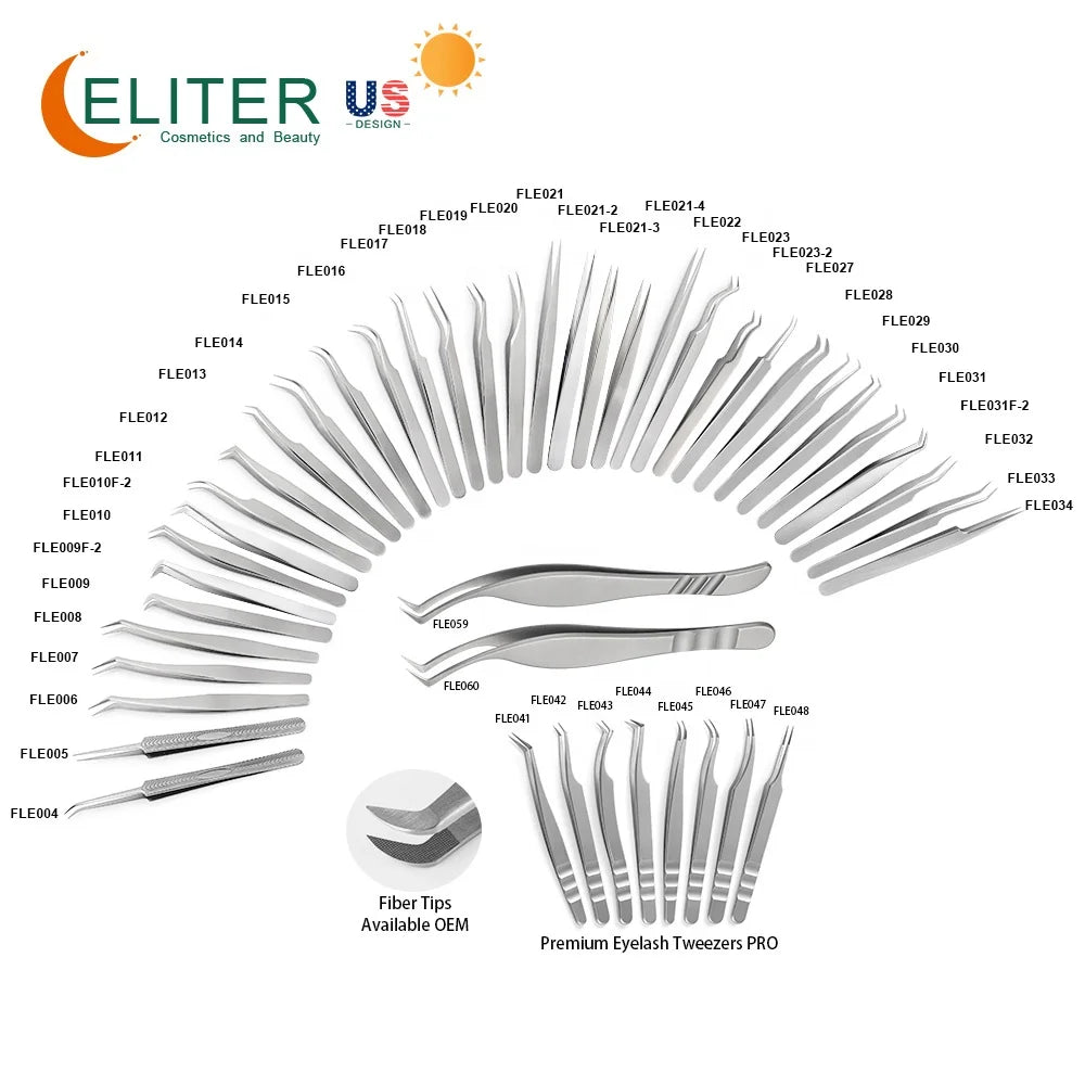 ELITER Hot Sell in Stock Full Range Stainless Steel Eyelash Twezzers Lashextensions Tweezers Eyelash Volume Tweezers