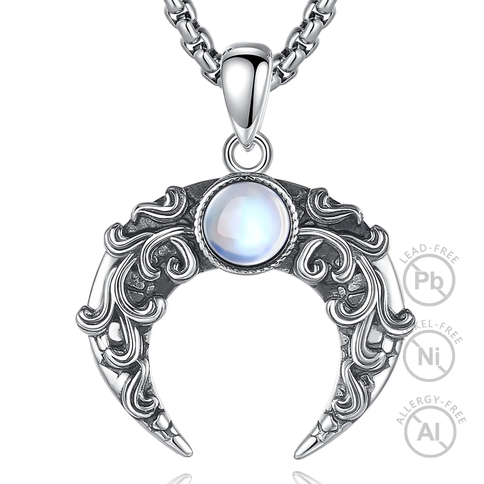 Merryshine 925 Sterling Silver Pagan Wiccan Magic Amulet Jewelry Half Shape Moon Stone Vintage Crescent Moon Pendant Necklace