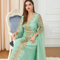 Trendy Traditional Muslim Clothing Abaya Dress V-neck Embroidered Gold-rimmed Belt Solid Slit Long Sleeves Abaya Muslim Dress