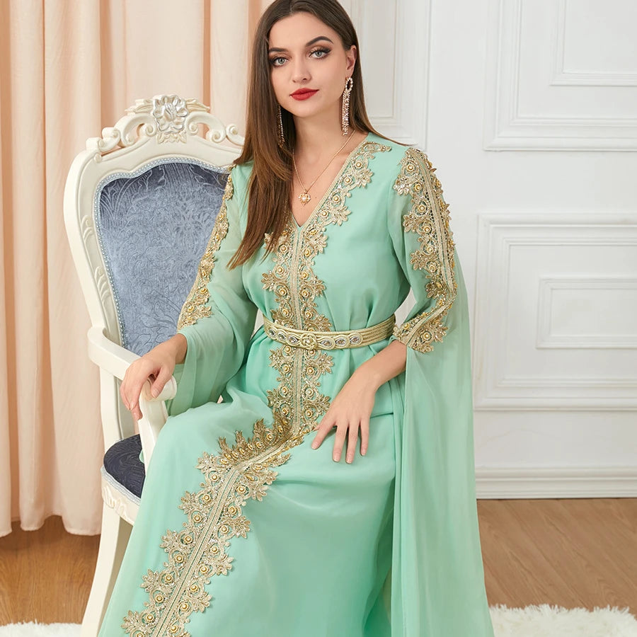 Trendy Traditional Muslim Clothing Abaya Dress V-neck Embroidered Gold-rimmed Belt Solid Slit Long Sleeves Abaya Muslim Dress