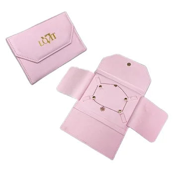 Custom Pink Velvet Golden Button Snap Luxury Envelope Design Jewelry Pouch Travel Foldable Necklace Packaging Bag