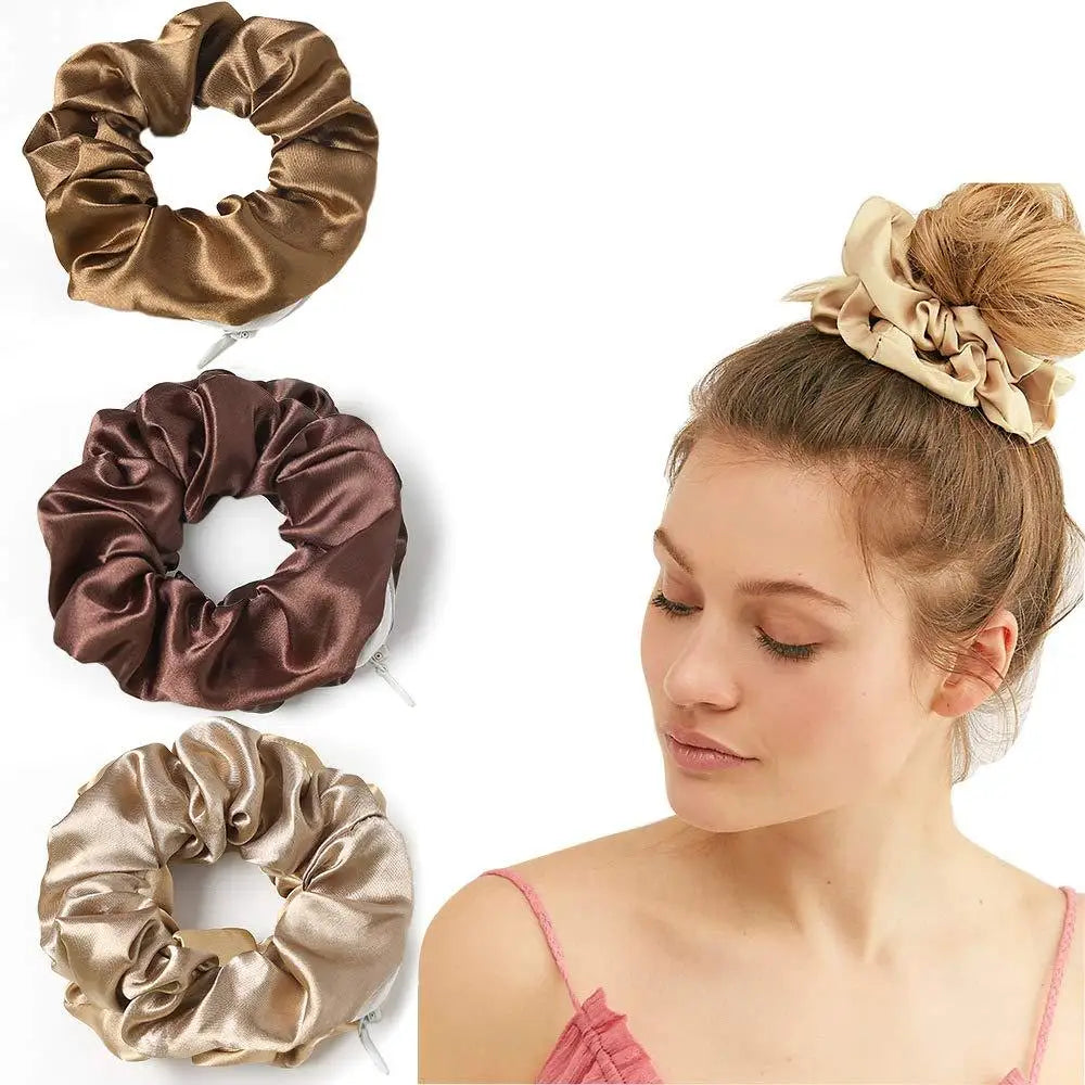 Korean Trendy Custom Print Elastic Hair Band Women Elegant Silk Satin Zipper Scrunchies With Pocket MegaBDM