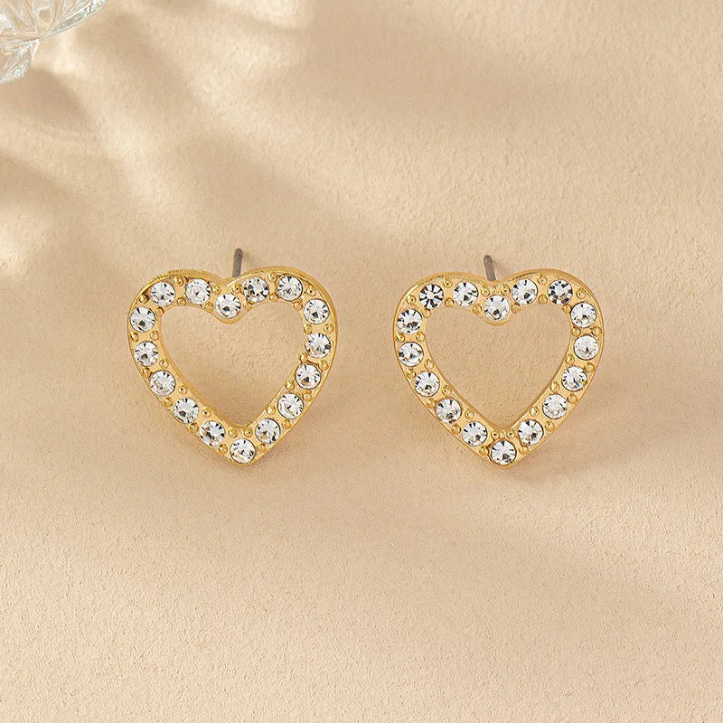 2025 Trendy Elegant Full Diamond & Zircon Jewelry Gemstone Hollow Heart Stud Earrings Versatile Fashion Accessory for Women