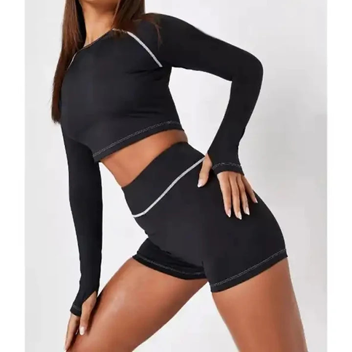 Women Black 2 Piece Workout Set Long Sleeve One Shoulder Crop Top High Waisted Shorts with White Contrast Stitching Gym Yoga