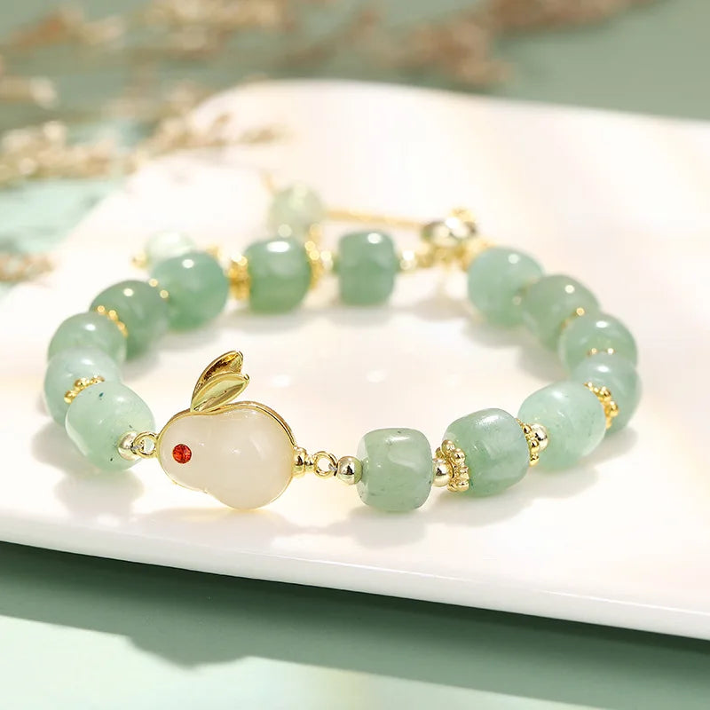 Tik Tok Hot Selling Natural Stone Bracelet Elegant Rabbit Pulseras Mujer Green Aventurine Quartz Beaded Bracelet for Girls