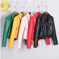 Fengway Custom Long Sleeve Windproof Solid Autumn Moto Biker Jacket Casual Pu Short Coat Women's Zipper Leather Turn-down Collar