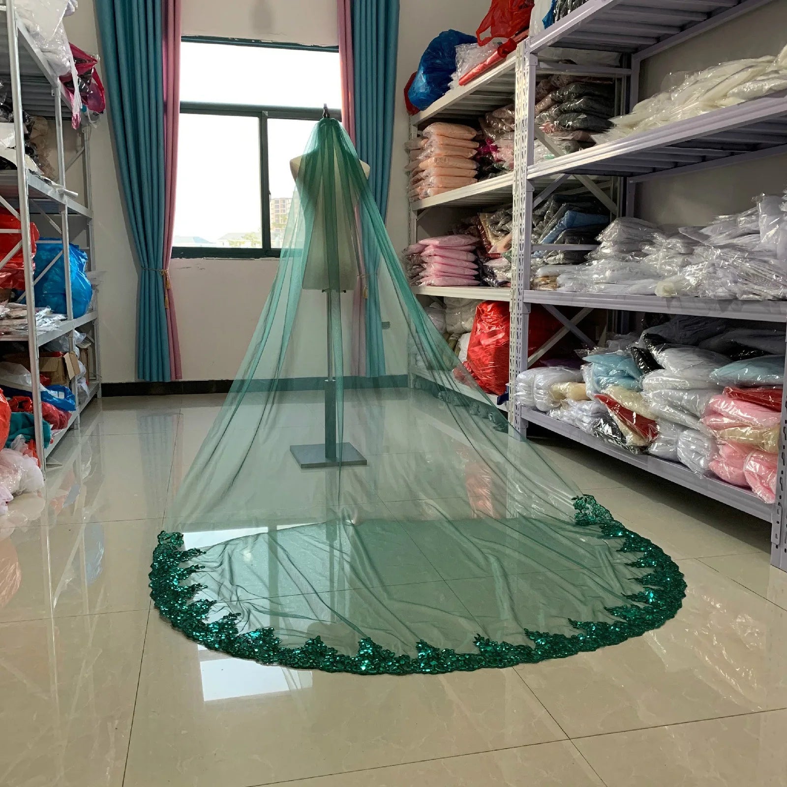 AL1047 New 3m White Sequin Lace Bridal Veil Green Soft Yarn Cathedral Veil for Weddings Long Wedding Veil for Brides