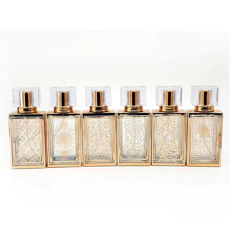 Luxury Empty Screw Glass Perfume Bottle for Packaging 50ml Custom logo Gold UV Plating square Perfume Glass Bottle