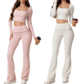 Women Nylon Skin-Friendly Knit Top and Micro Flared Pants Long Sleeve Athletic Yoga Fitness Gym Wear Convenient Two-Piece Set