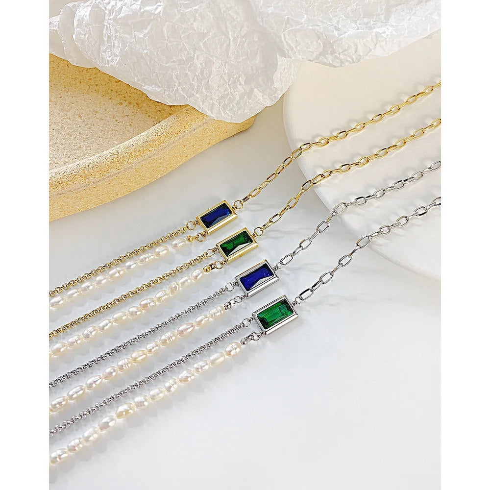 Vintage Gold  Freshwater Pearl Stainless Steel Rectangular Zircon Women  Initial Necklace Luxury Bracelet Jewelry Set