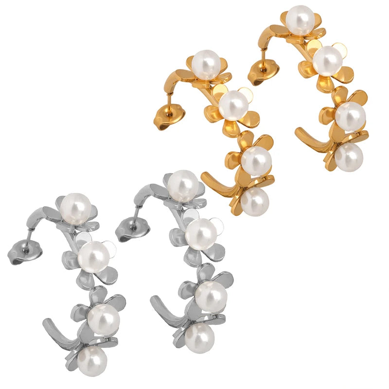Classic Vintage Flower Earrings Gold Plated Imitation Pearl Earrings Elegant Stainless Steel Fashion Jewelry for Women Party