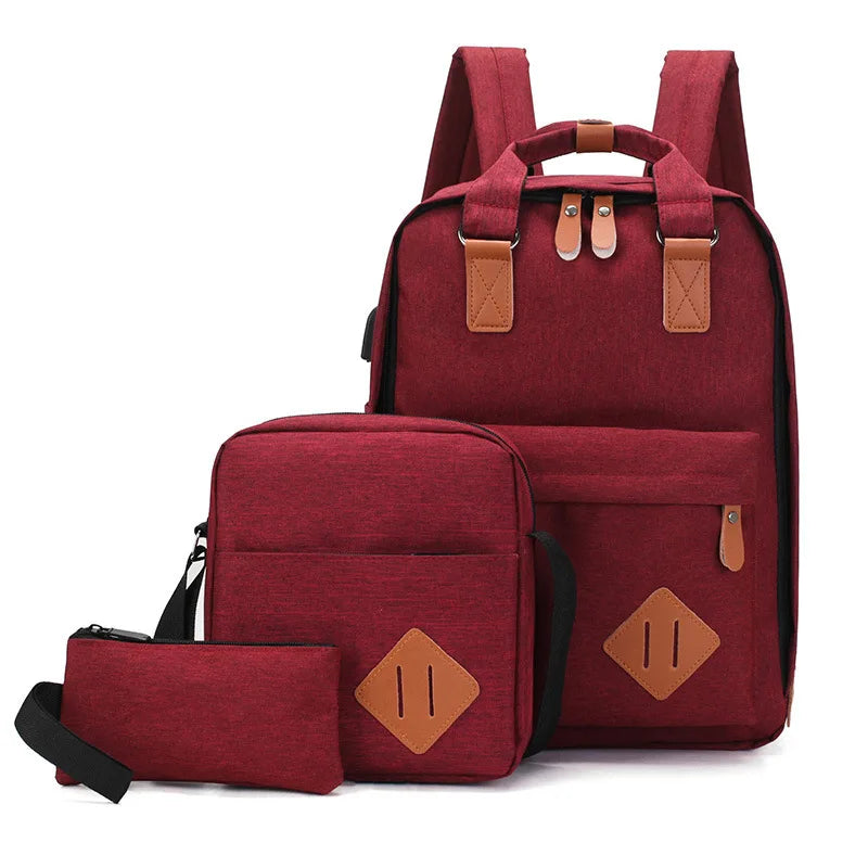 Customized logo Backpack Male Student Trend USB Rechargeable Schoolbag Leisure Three Piece Computer Bag Female Backpack