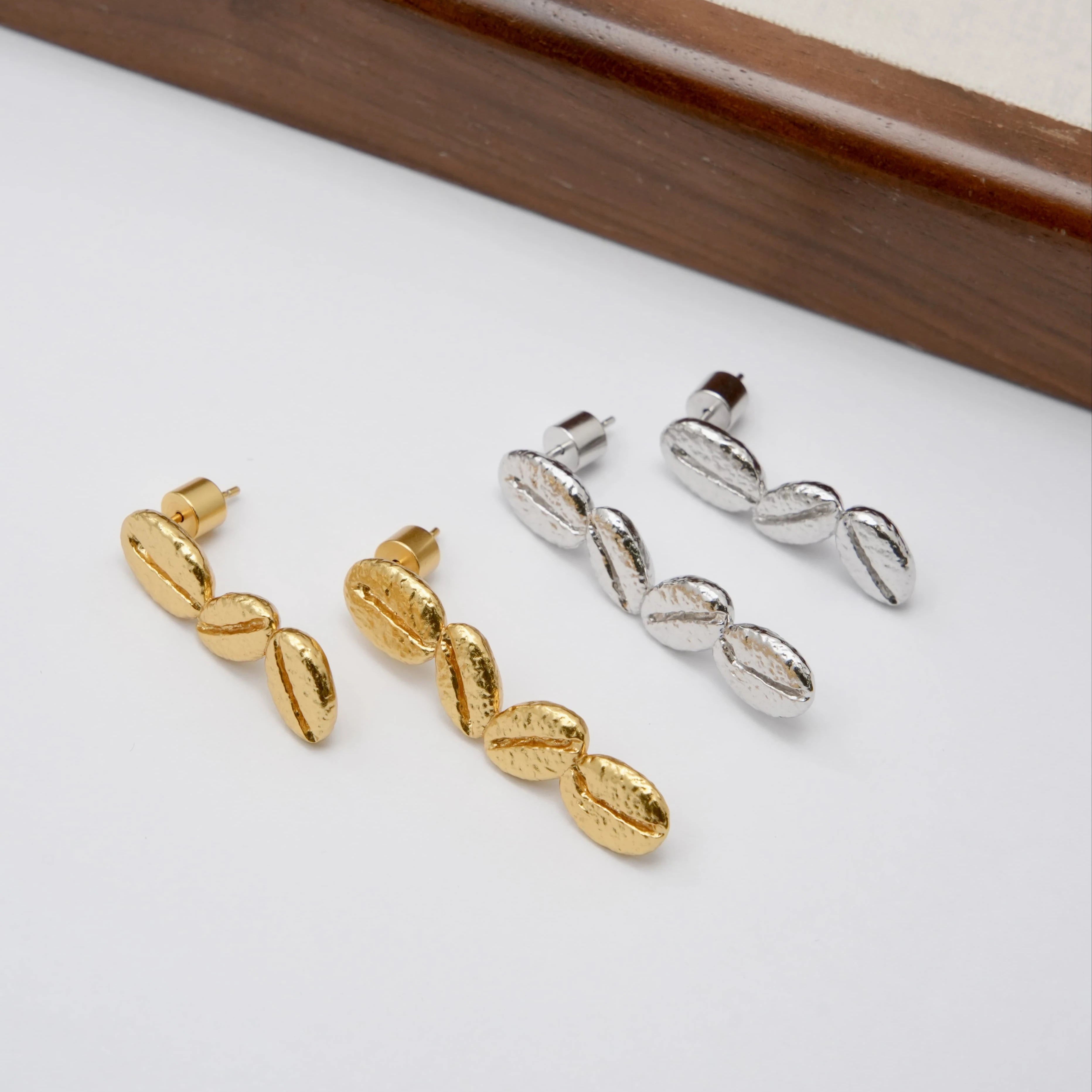 Stylish Trendy Coffee Bean Stud Earrings in Gold & Silver Made of Durable Brass for Anniversary Celebrations
