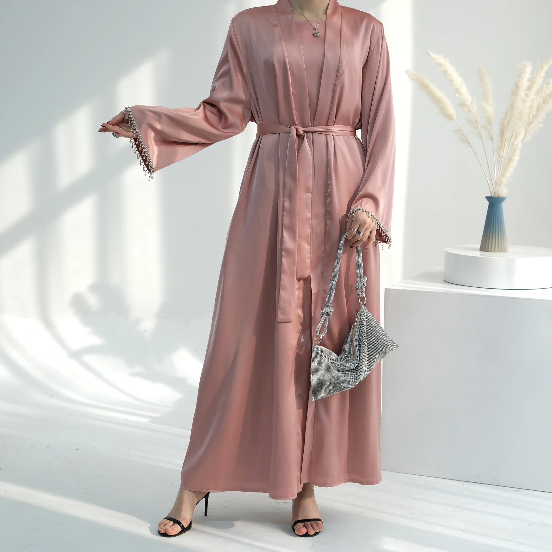 Mexizo Middle East Abaya Inner Dress Two Piece Set Modest Arab Dubai Casual Beads Satin Women Open Muslim Abaya 2pc Set