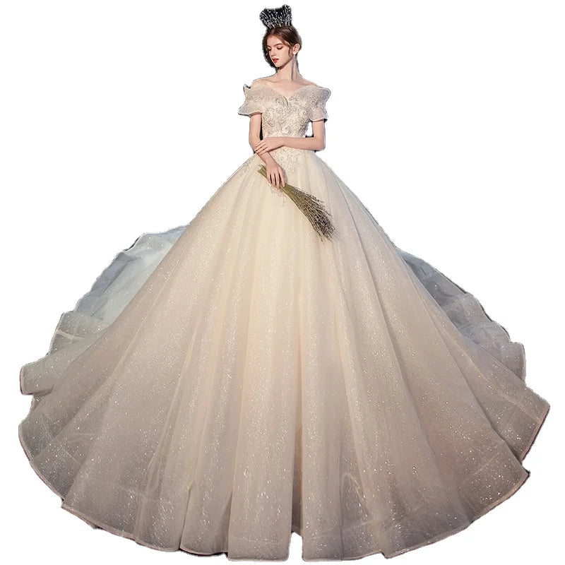 2023 Fashion Bride O Neck White Bohemian Short Sleeve Fairy Wedding Dress