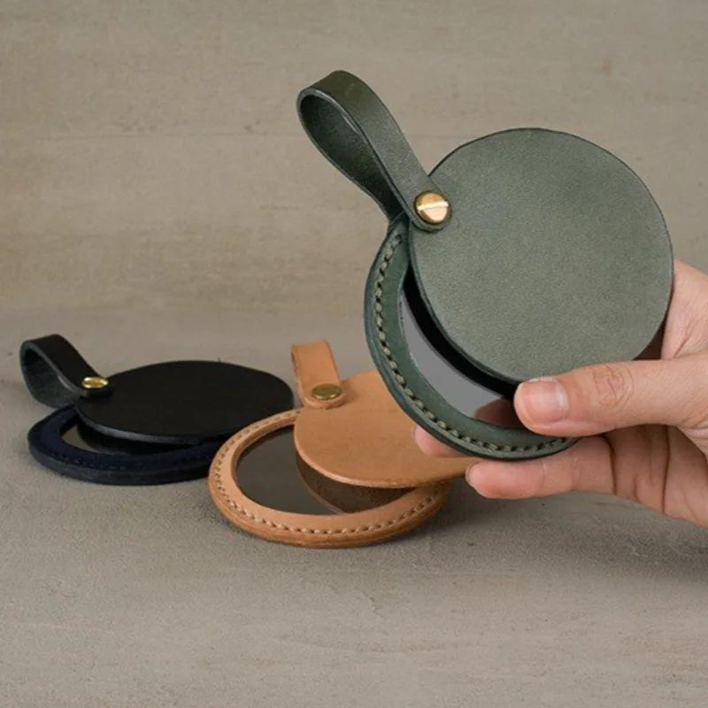 Luxury Pocket Mirror PU Leather Round Shaped Compact Mirror Sleeve Pocket Cosmetic Mirror