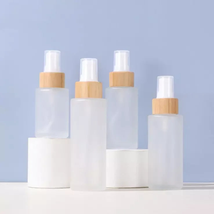 Custom logo Matte Frosted Empty Cylinder Round Flat Shoulder Cosmetic Package Bamboo Lid Glass Perfume Spray Bottle 120ml