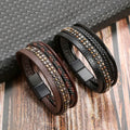 Punk Style Black Magnetic Buckle Multilayer Leather Bracelet for Men Leather Woven Braided Bangle Rivet Bracelet
