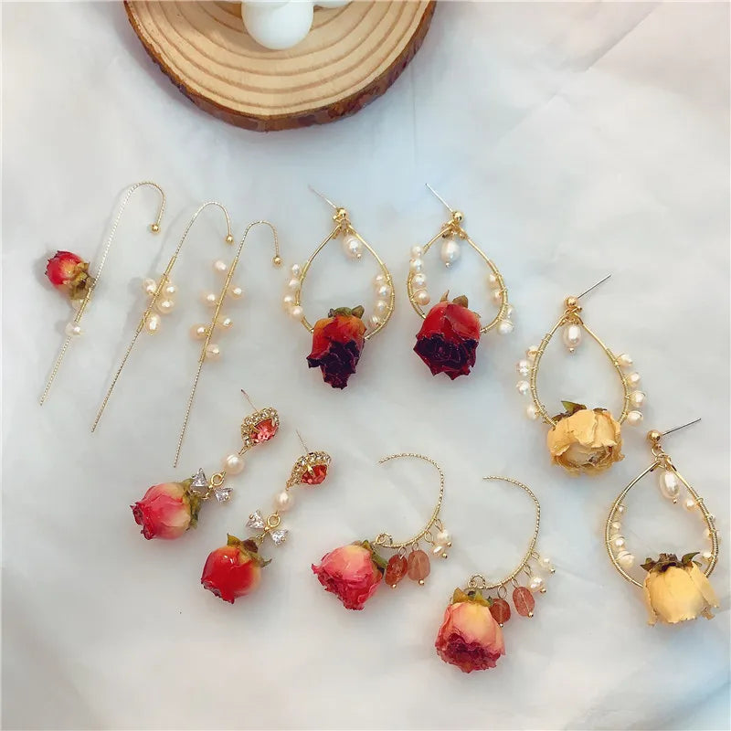 2021 Original Creative Jewelry Handmade Dried Pearl Real Rose Flower Earrings Long Retro Pearl Earring