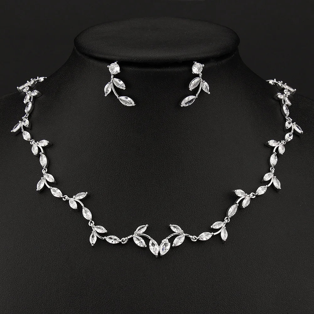 LUOXIN Elegant Leaf Shape Zircon Silver Plated Bridal Wedding Necklace Earrings Sets for Women