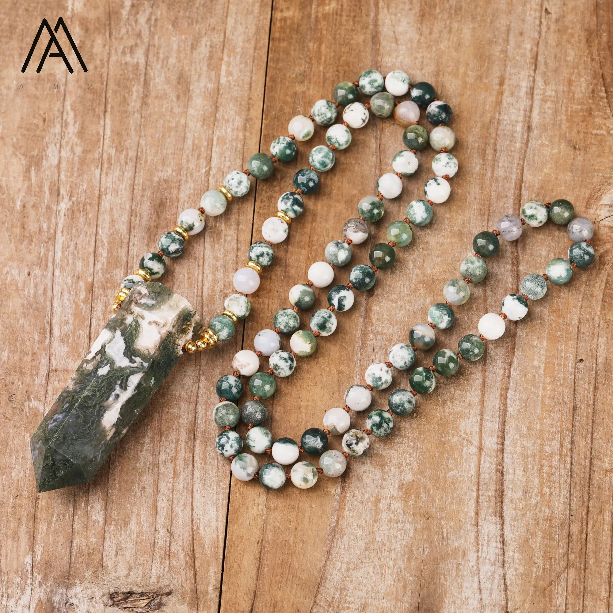 Natural Moss Agate Handmade 8mm Bead Mala Necklace Classic Style Prayer Jewelry for Men Health Gift for Wedding Party Engagement