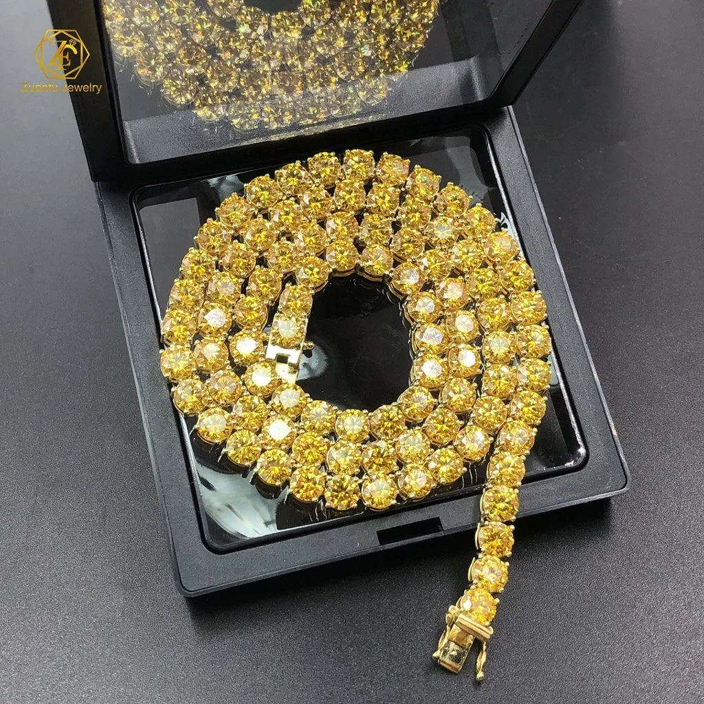 Colored Diamond Iced Out Golden Yellow Moissanite Tennis Necklace 925 Sterling Silver Plated Yellow K Gold Chain 3mm 4mm 6.5mm