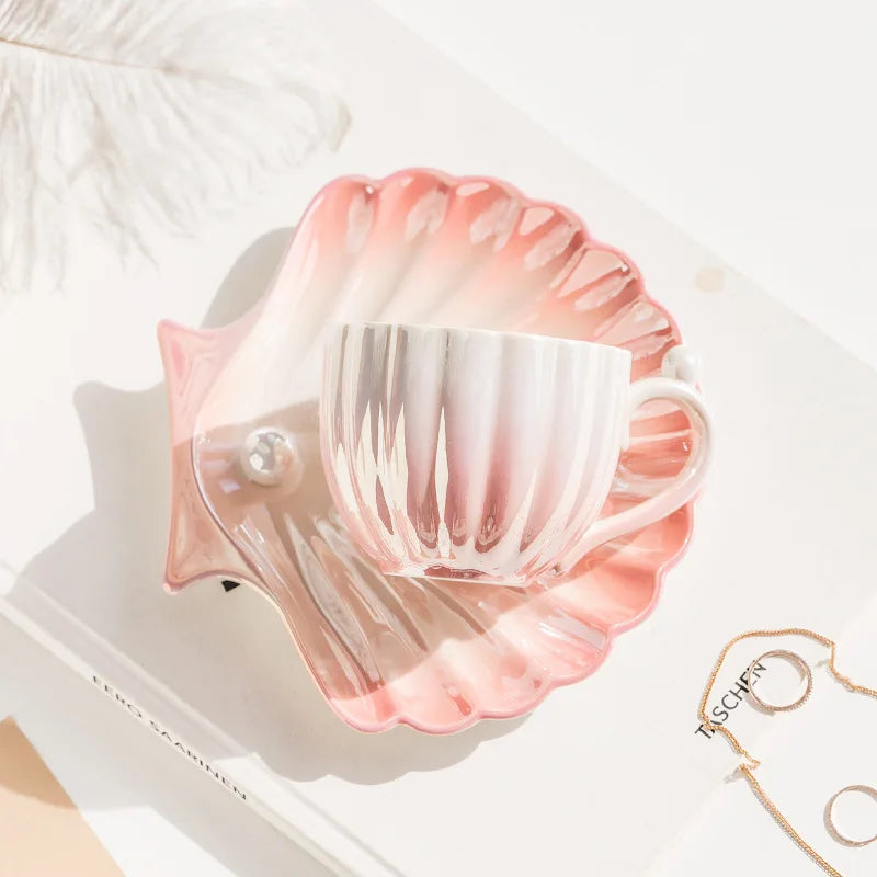 Shell Mug with Saucer Custom Design Fantasy Pearl Coffee Ceramic Gradient Ladies Box Mugs Contemporary HANDGRIP Presents 240ml